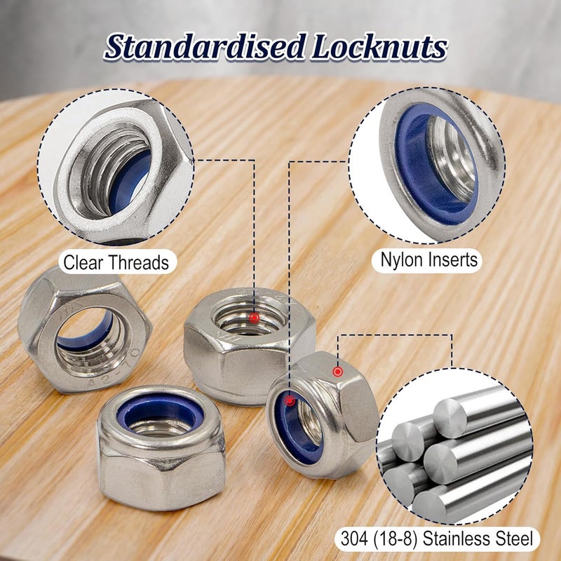 ZQZ 300 Pack Metric Nylon Insert Locknuts Assortment Kit,M3 M4 M5 M6 M8 M10 M12 Nylock Nuts Sets,304 Stainless Steel Standard Threaded Lock Nuts - Image 3